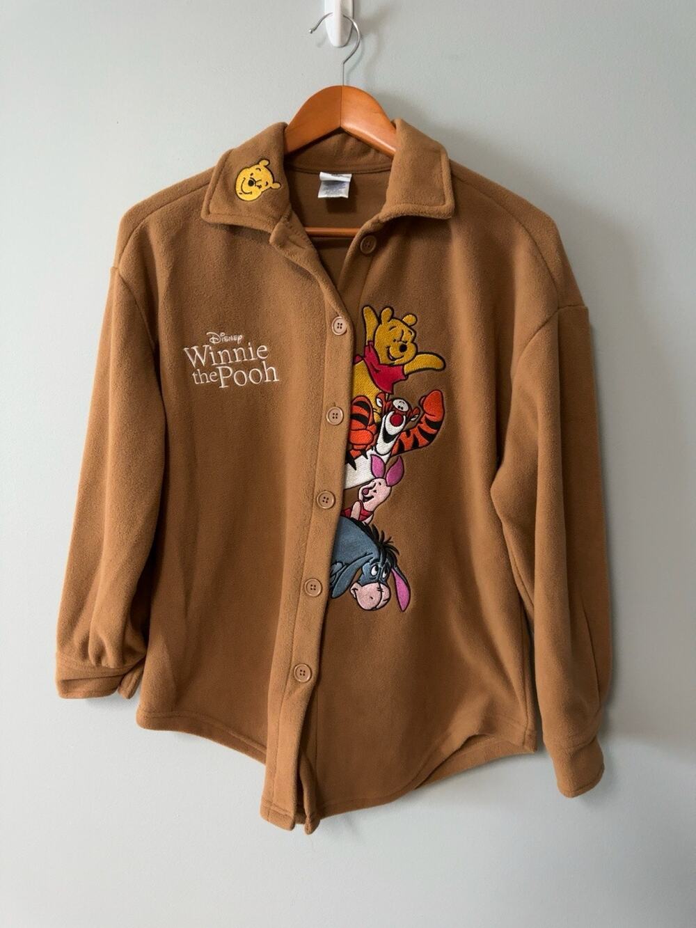 Disney Winnie the Pooh Fleece Jacket Womens XL Brown Button Front Tigger Eeyore